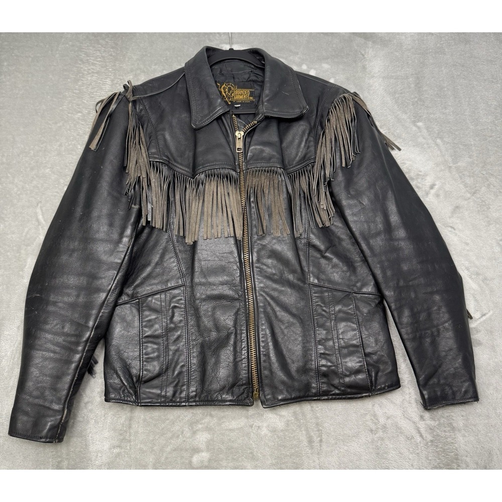 Vintage 70s Leather Fringe Jacket Mens 46 Large Black Tassel Biker Moto Western